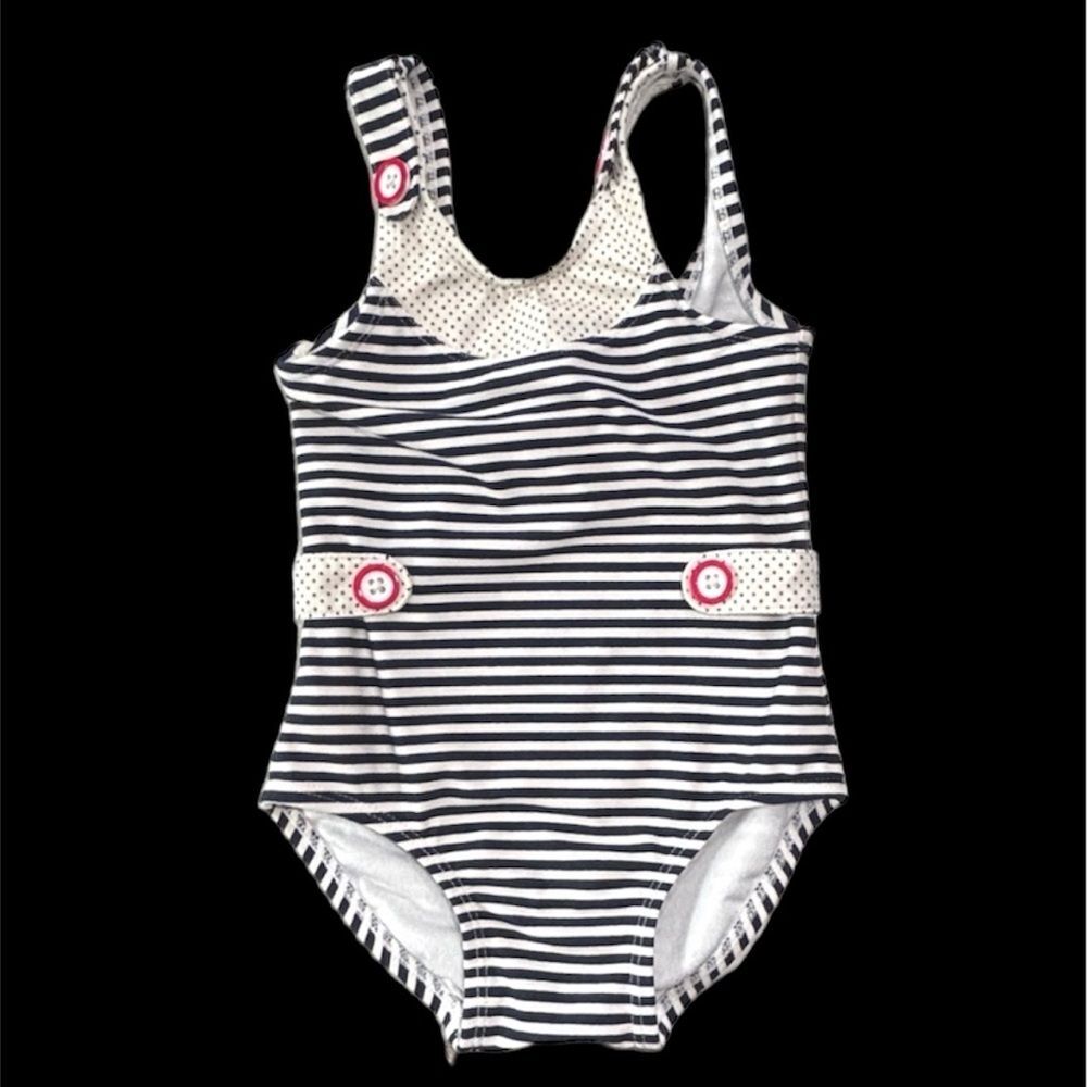 Janie And Jack One-Piece Swimsuit Nautical Stripes Polka Dot Buttons Size 12-18M